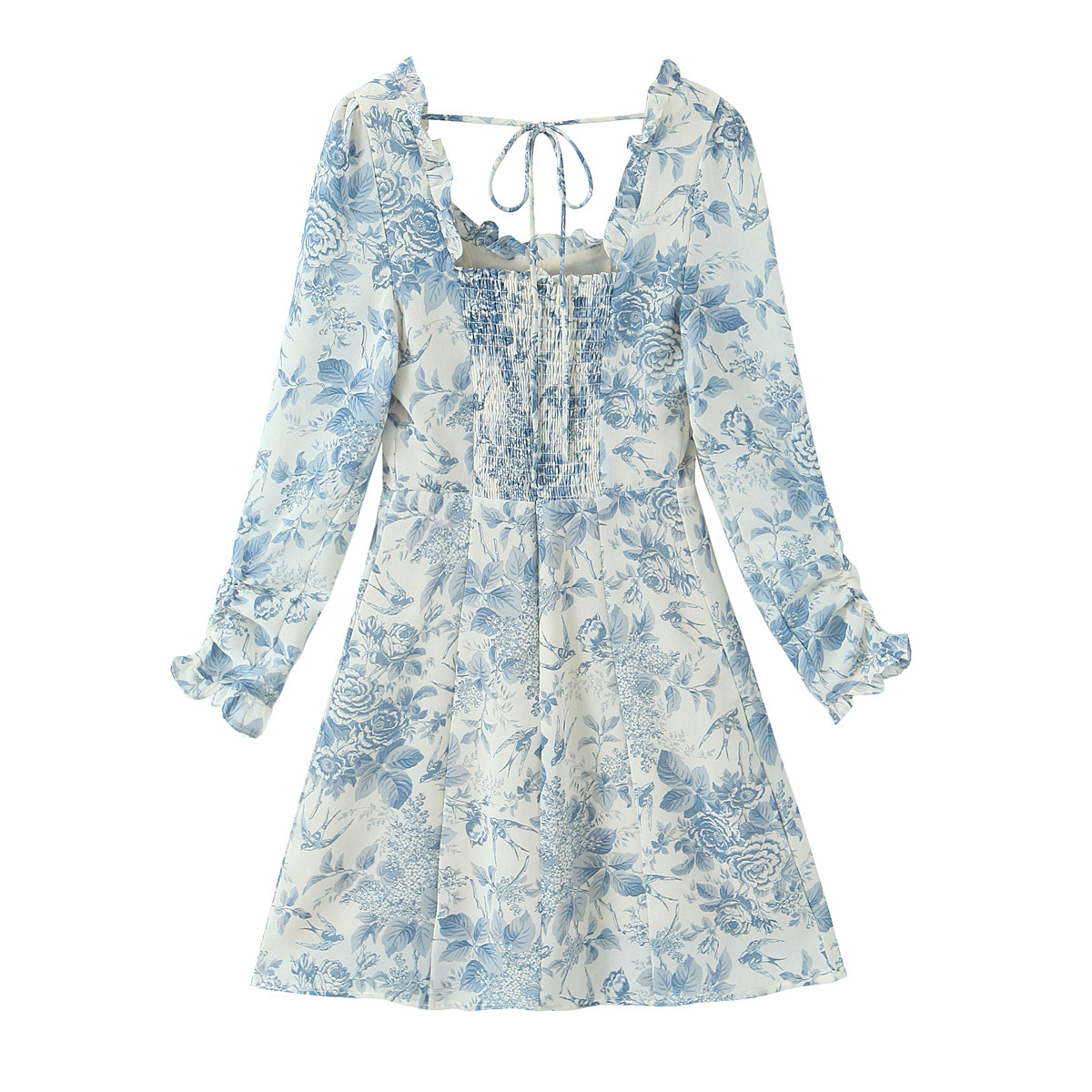 Print Square Neck Backless Tie Long Sleeve Dress