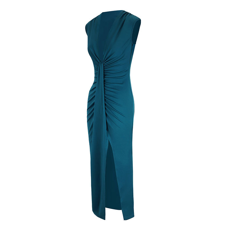 Sleeveless Plunge Belted Side Split Accordion Dress