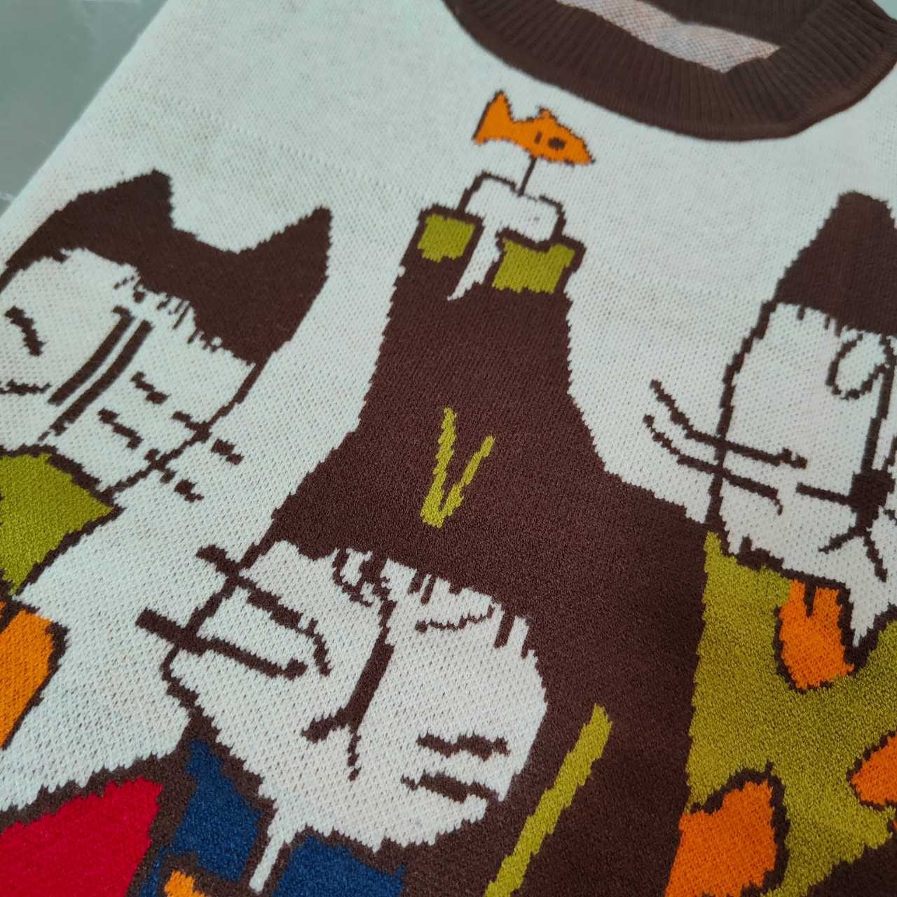 Colorful Feline And Aquatic Print Viscose Sweater