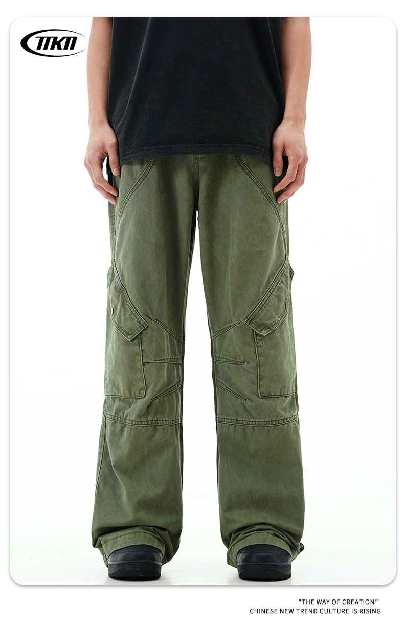 Work Pants with Adjustable Waistband and Large Pockets - Straight Leg Casual Trousers
