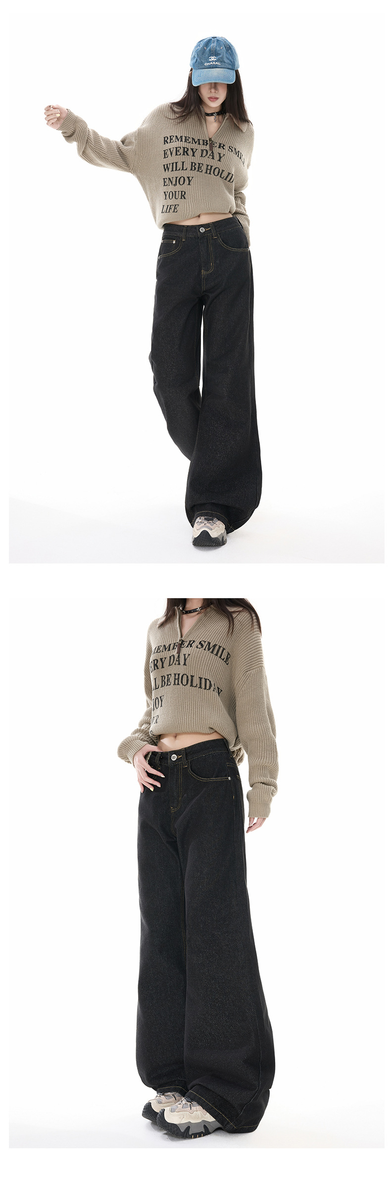 Black Denim Flared Pants for Women Loose Fit Wide Leg Tapered Bottoms Summer