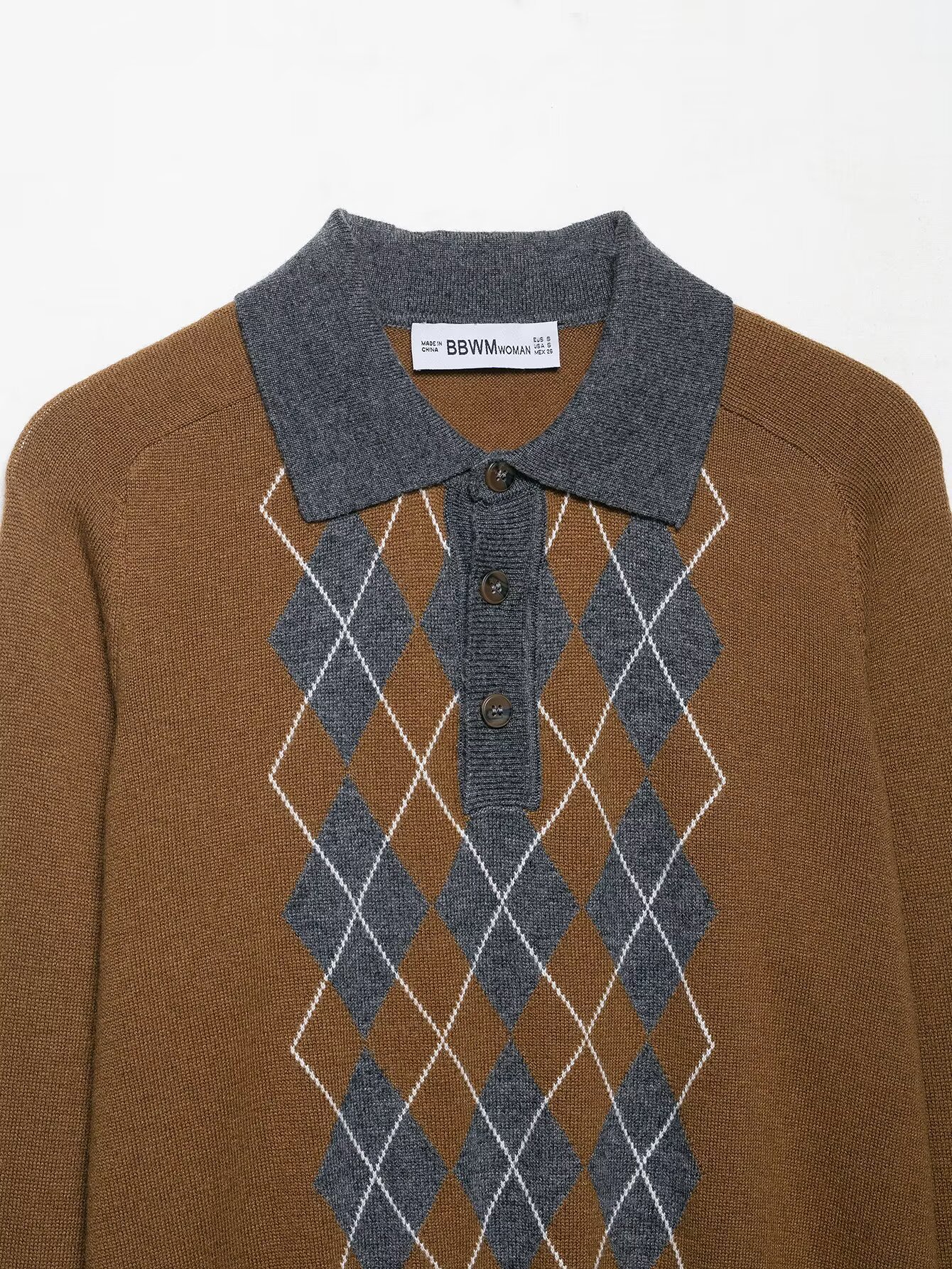 Ladies Argyle Full-Sleeve Turn-Down Triple-Closure Sweater