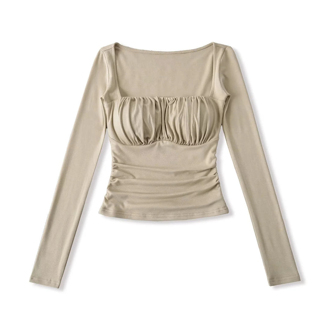 Spicy Wrist-Length Collarbone Cutout Structured Frill Fitted Tee