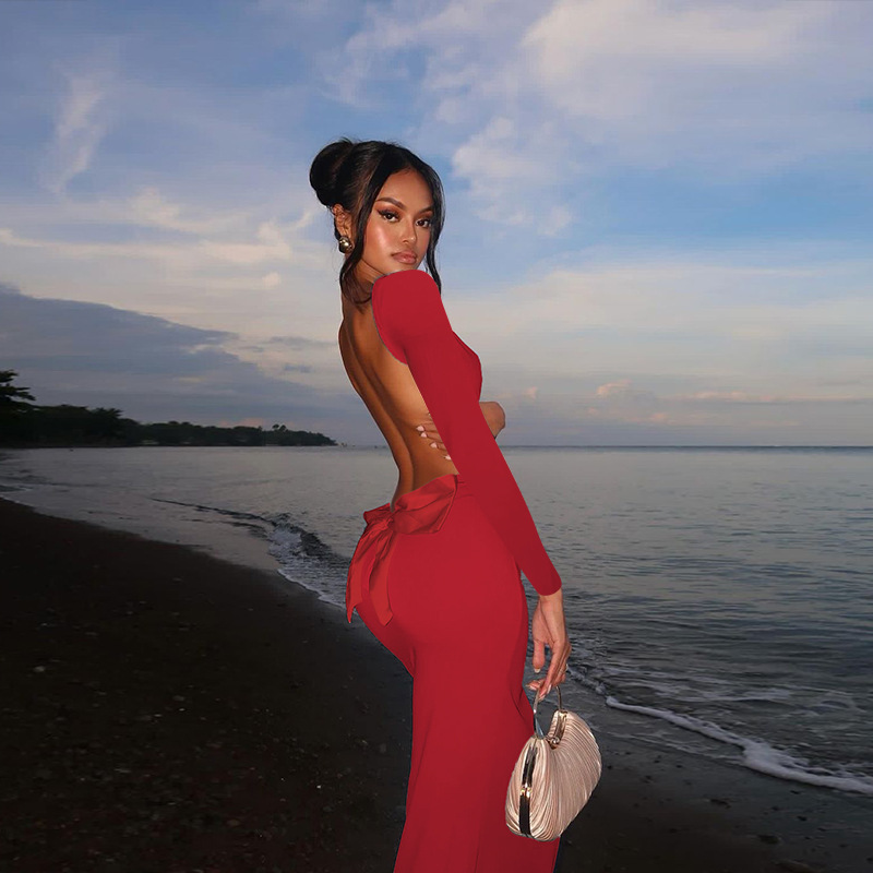 Full Sleeve V-Neck Bow Back Pencil Dress
