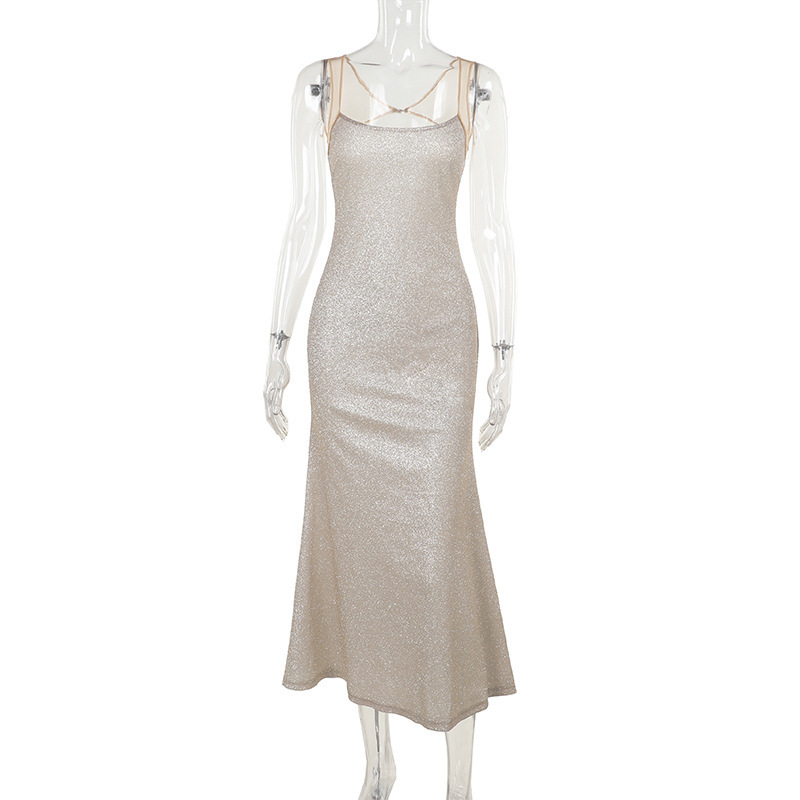 Shimmery Spaghetti Strap U-Neck Bodycon Maxi Skirt