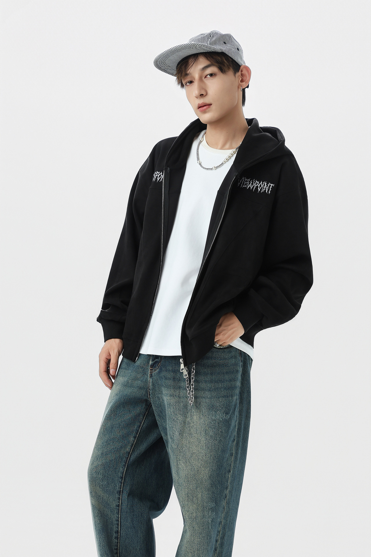 Retro Color-Block Letter Print Hooded Zip-Up Sweater
