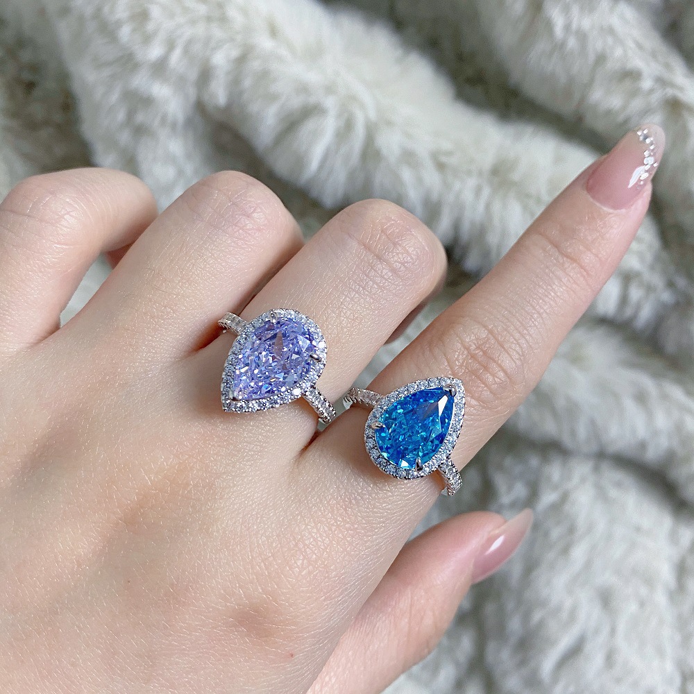 S925 sterling silver pear-shaped ring lavender purple high carbon diamond gemstone diamond ring European and American fashion zircon ring