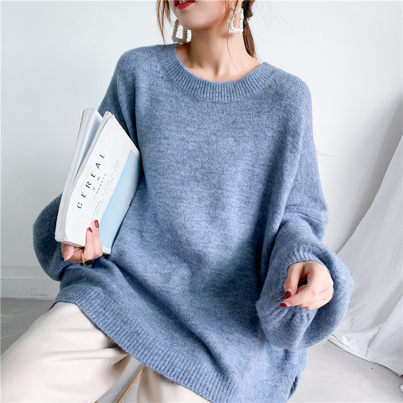 Navy Oversized Crew Collar Balloon Cuff Knit Jumper