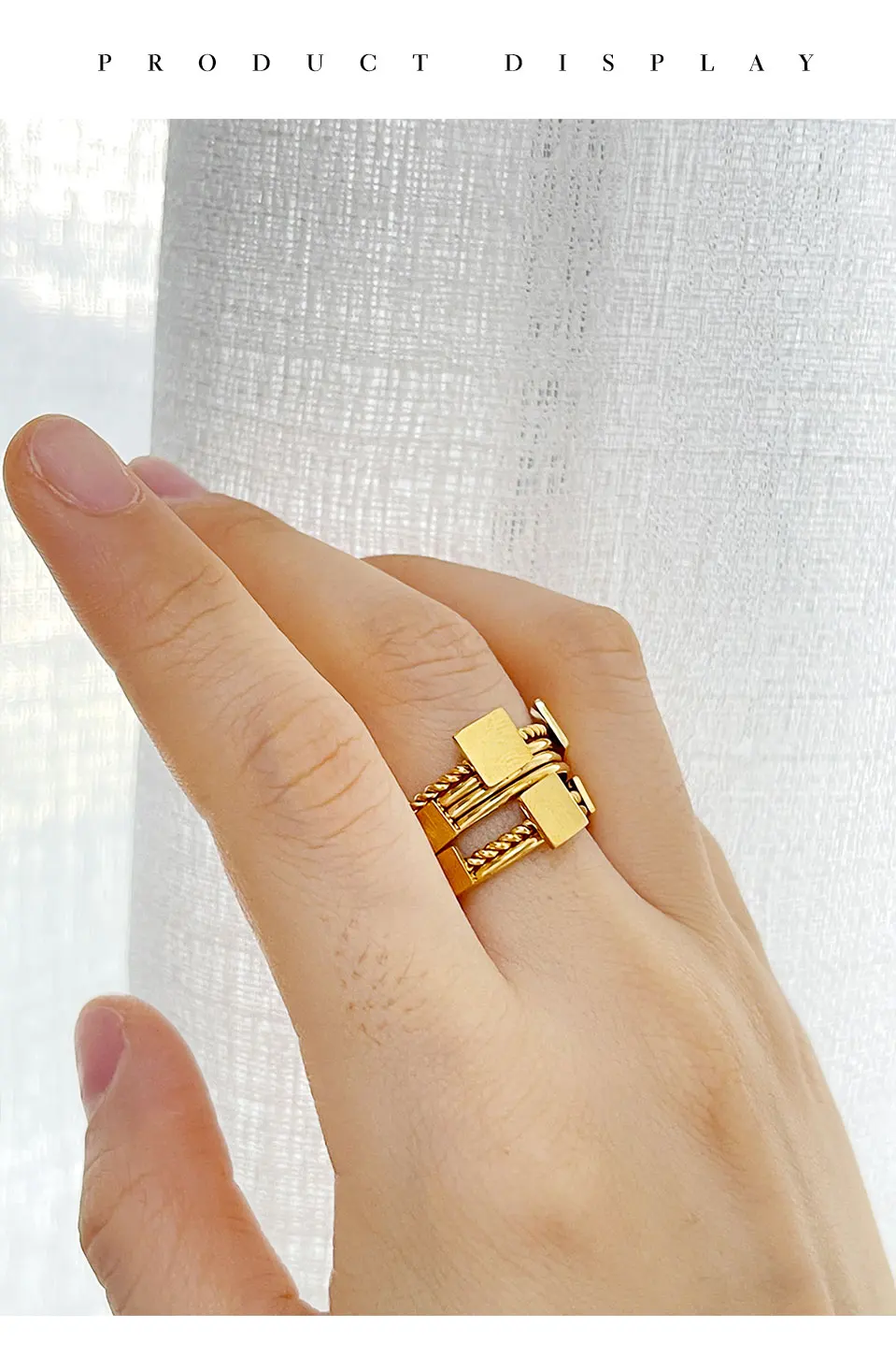 Peri'sBox Detachable 6pcs Gold Color Square Coin Finger Ring for Women Pvd Plated Stainless Steel Twisted Stacking Rings Minimal
