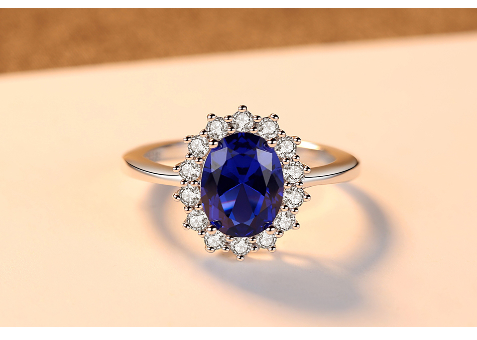 Princess Diana William Kate Gemstone Rings Sapphire Blue Wedding Engagement 925 Sterling Silver Finger Ring for Women