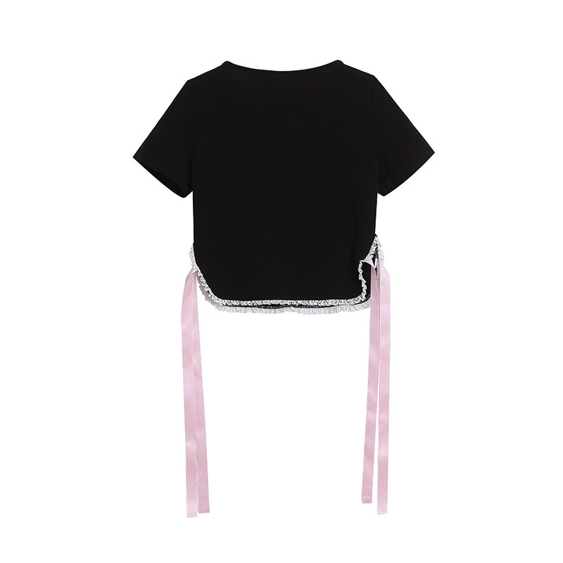 Sweet Printed Short Sleeve T-Shirt with Lace Trim Crop Top