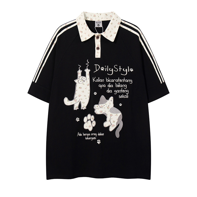 Retro Cute Cat Letter Embroidery Turn-Down Collar Short Sleeve T-Shirt Men's Loose Casual Couple Top