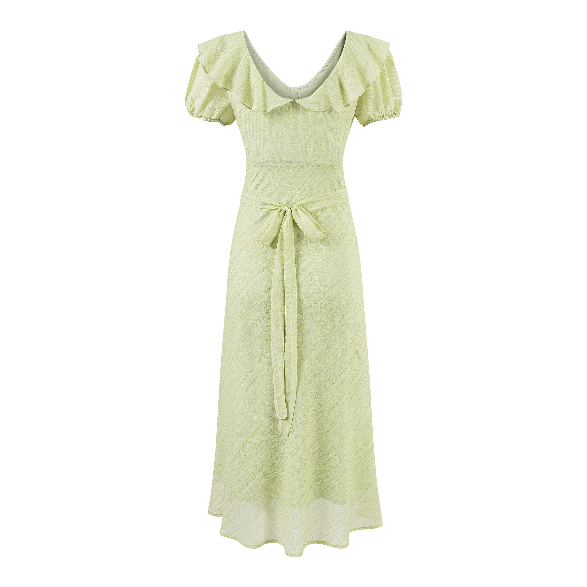 Slim Fit V-Neck Ruffle Front Tie Waist Short Sleeve Dress Long Skirt