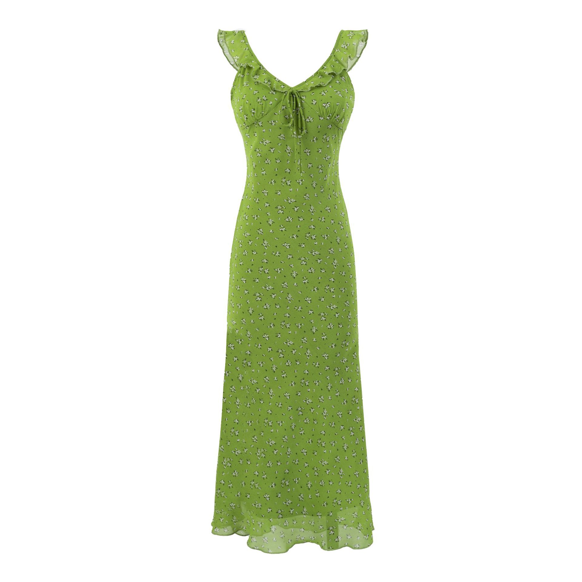 Floral Ruffled V-Neck Waist-Cinched Dress