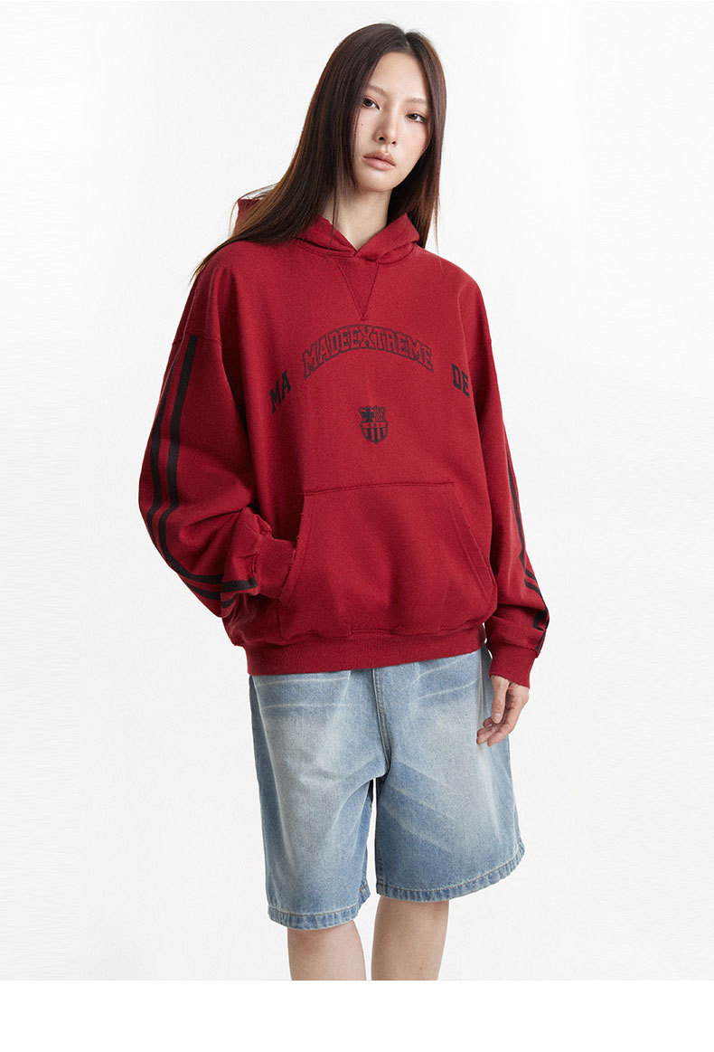Vintage Letter Print Loose Fit Casual Hooded Sweatshirt
