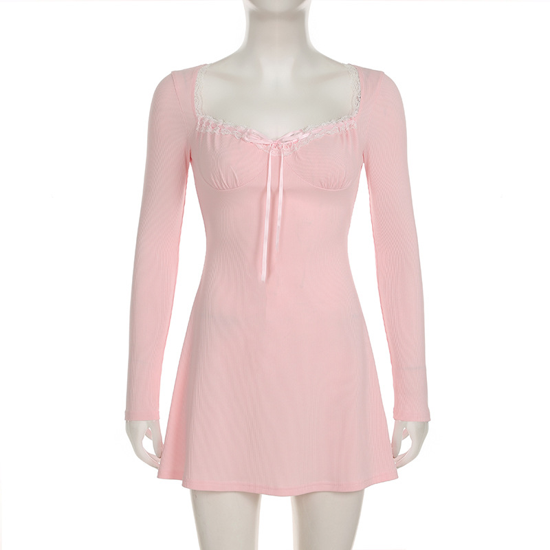 Lace Splicing Pleated Tie V-neck Dress Versatile Slimming Waist Short Skirt