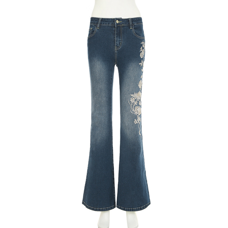 Rose embroidery retro gradient niche spicy jeans