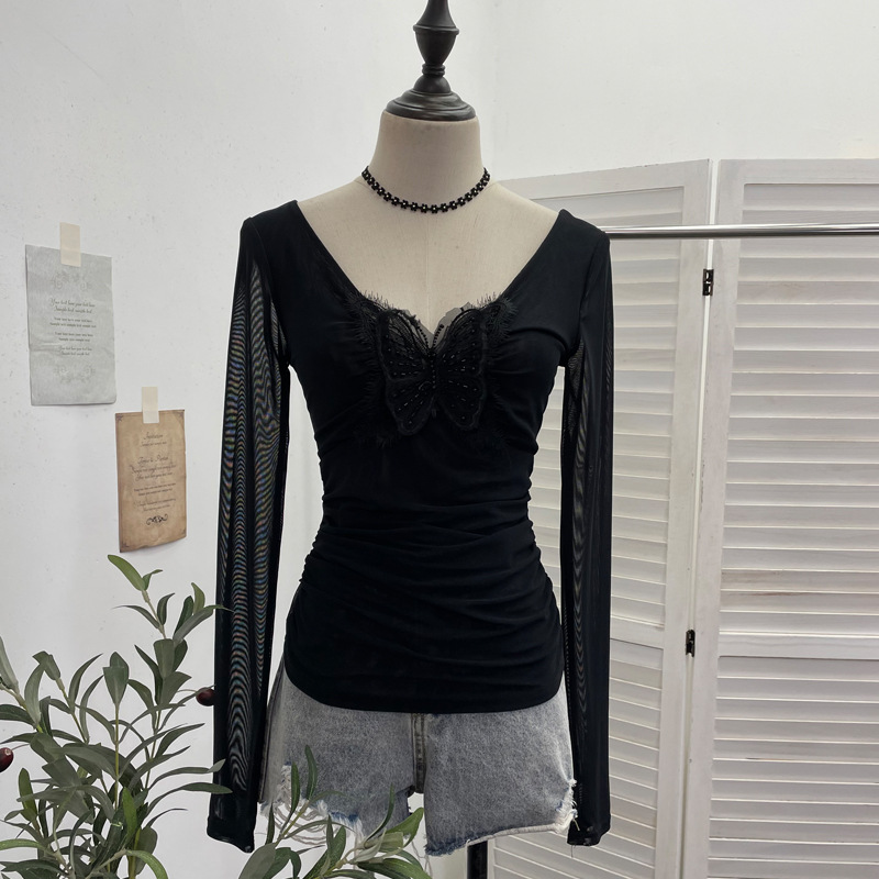 Plunging Neckline Long Sleeve Slim Fit Top