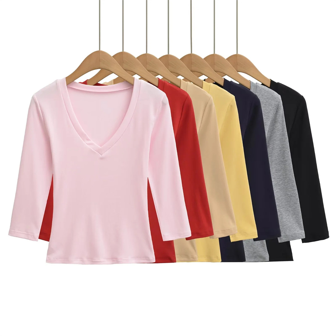 Ladies Streetwear Plain Stretch Elbow-Length Plunge Layering Tee