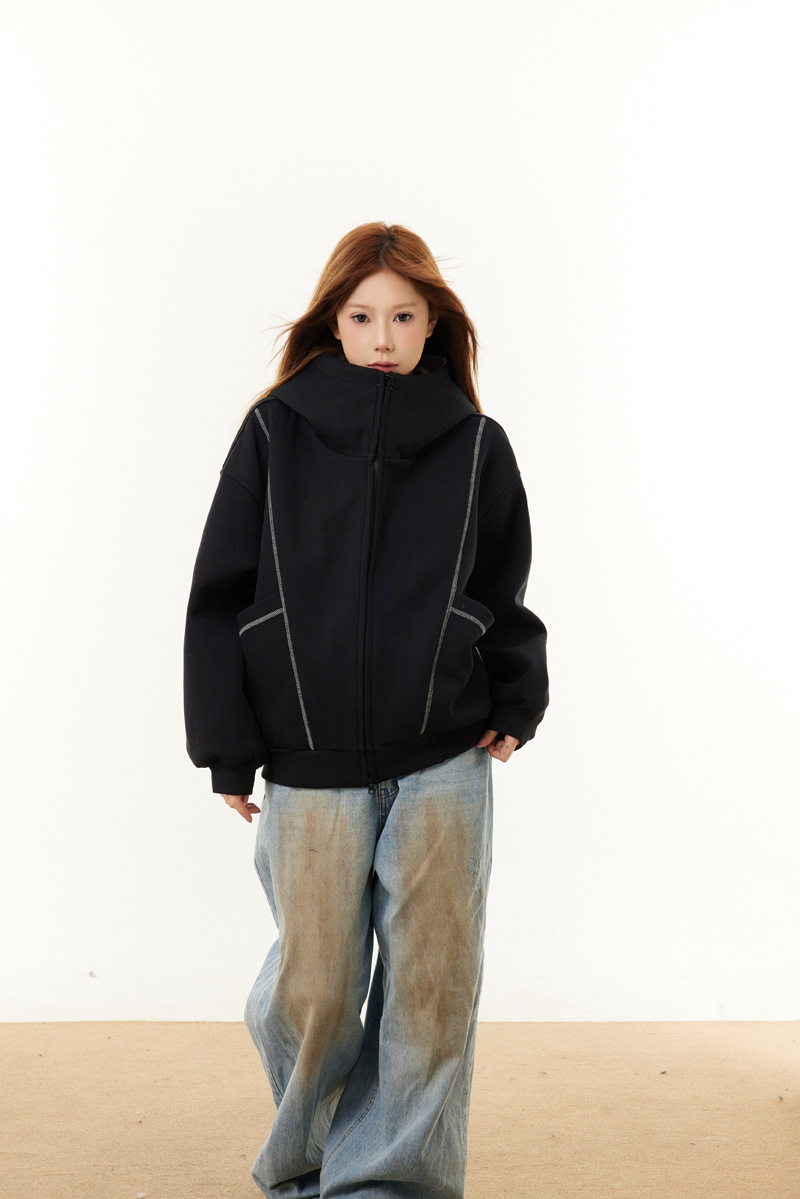 Street Relaxed Fit Zip-Up Letter Print Hoodie