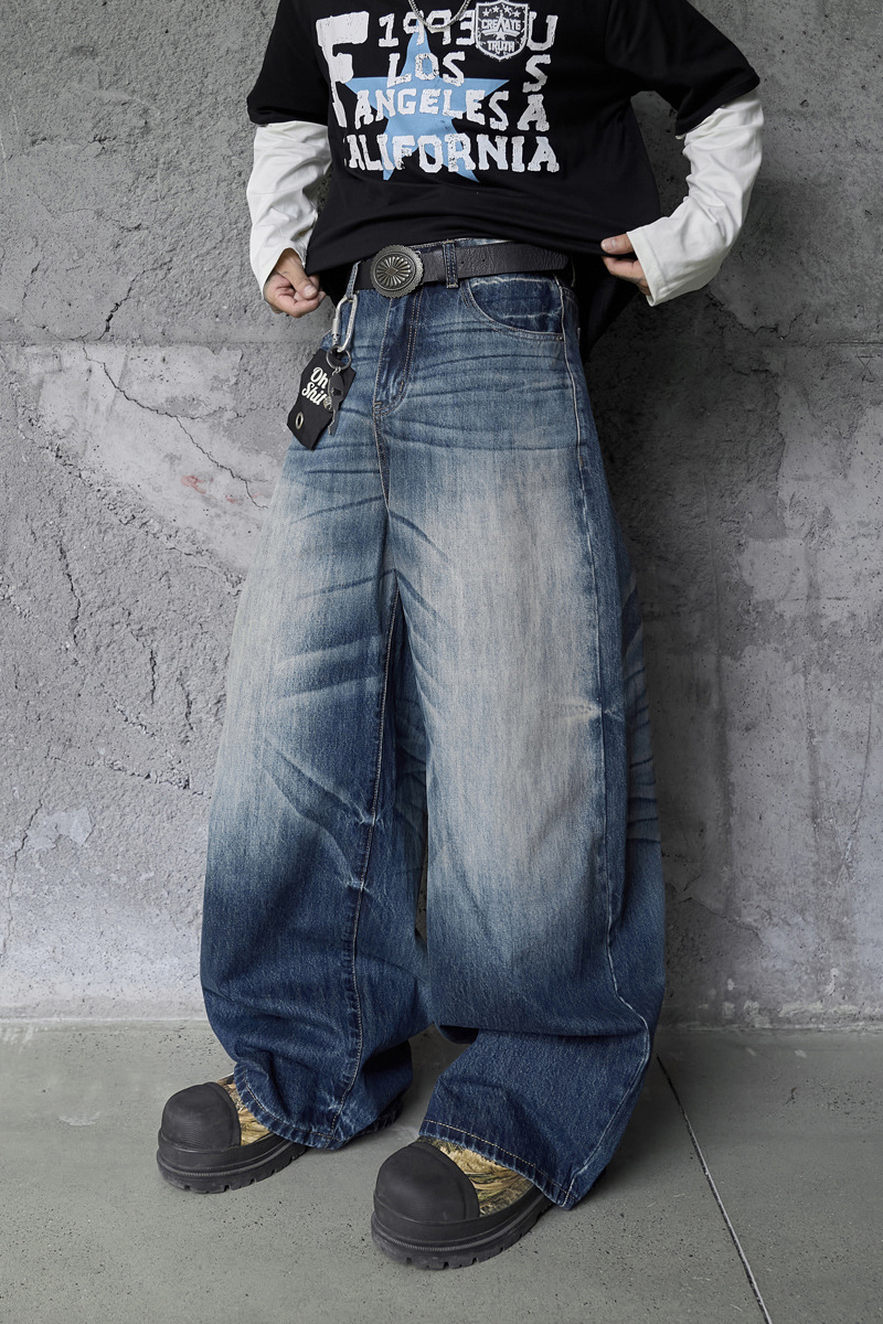Vintage High-Quality INS Denim Pants Men High Street Washed Gradient Distressed Catwhisker Minimalist Wide-Leg Straight Leg Pants
