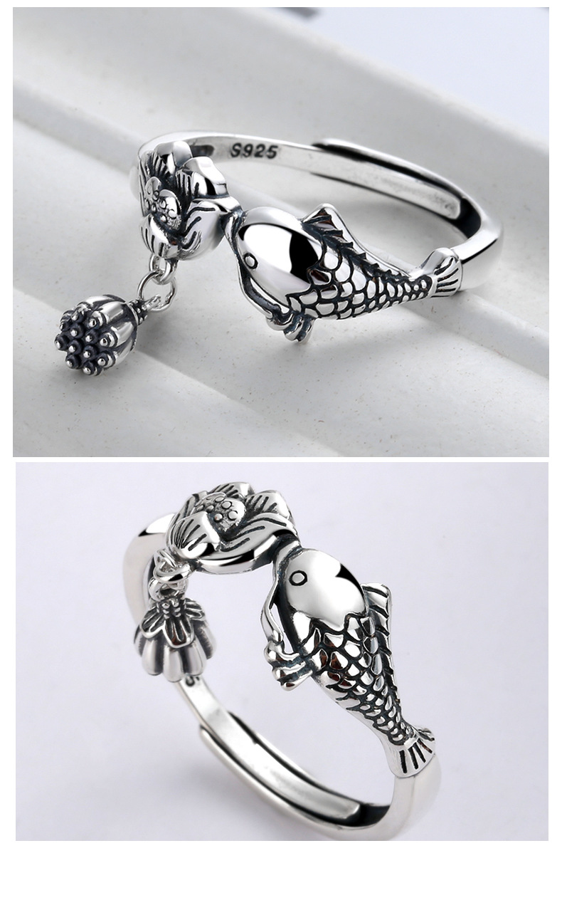 S925 Silver Ring Girl Retro Ethnic Carp Lotus Tassel Food Ring Couple Adjustable Ring For Girl