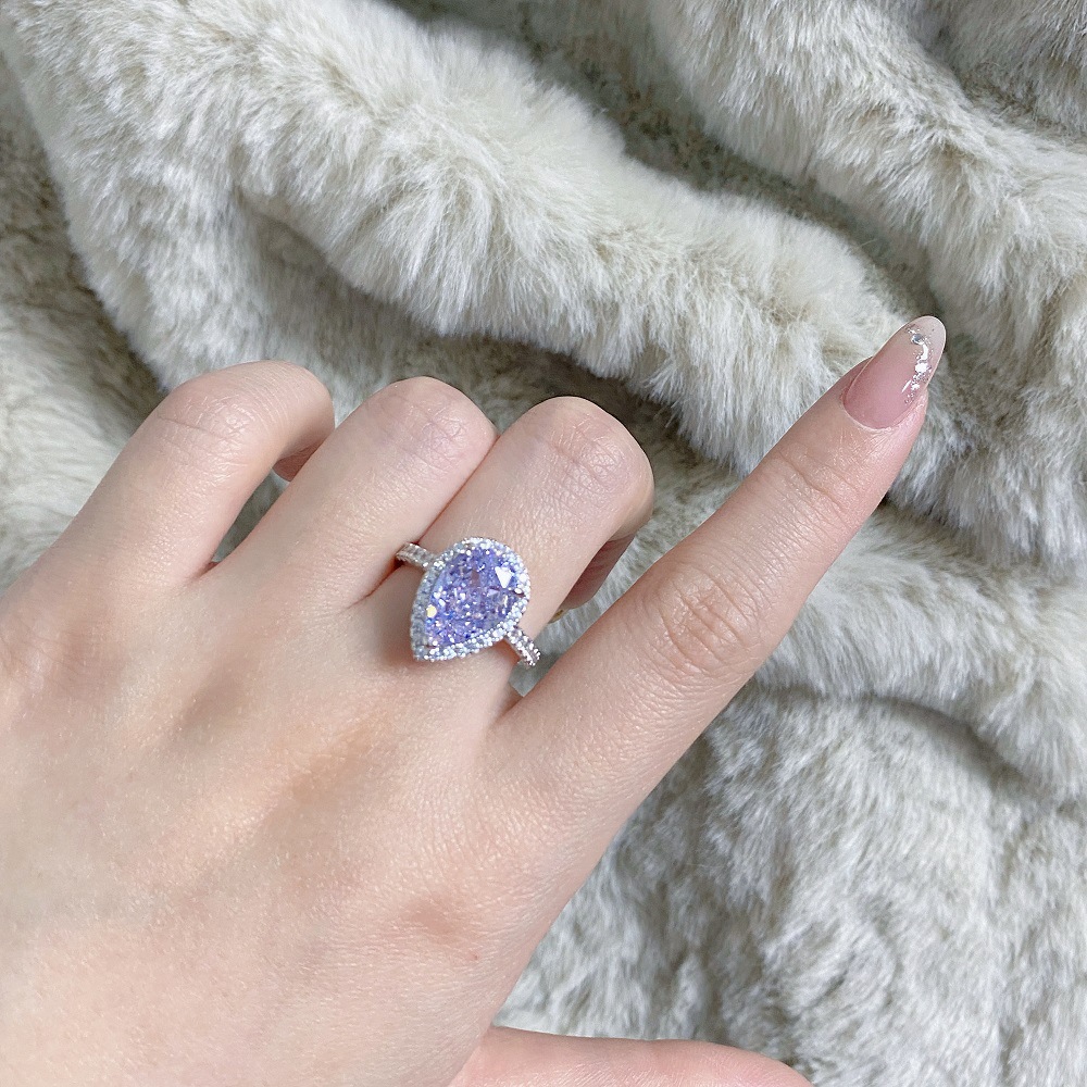 S925 sterling silver pear-shaped ring lavender purple high carbon diamond gemstone diamond ring European and American fashion zircon ring