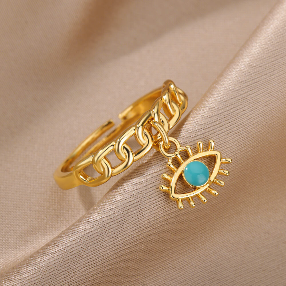 Turkish Zircon Evil Eye Rings For Women Open Adjustbale Gold Plated Stainless Steel Ring Couple Rings Wedding Jewelry Bague