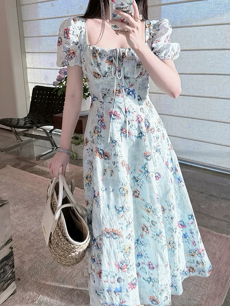Short Puff Shoulder Botanical Maxi Dress