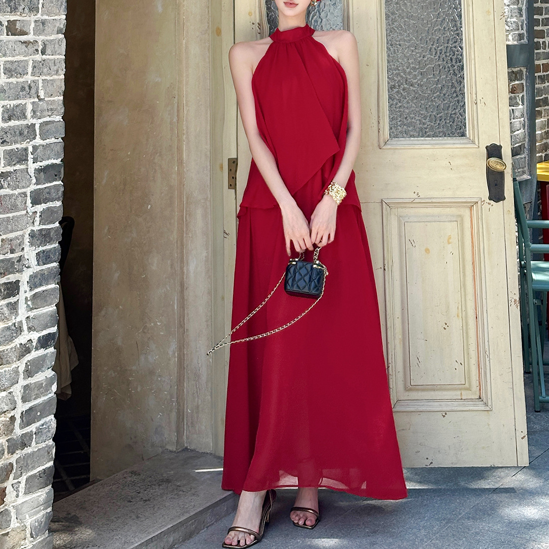 Sleeveless Scarlet Tie Neck Long Dress