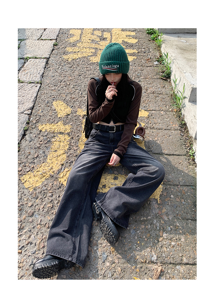 Women's Faded Black and Gray Denim Pants High-Waisted Loose Floor-Length Wide-Leg Trousers