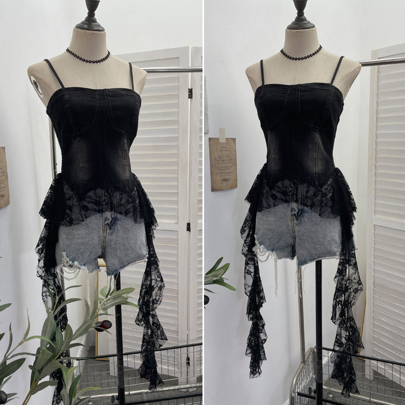 Slim Asymmetric Faded Jean Lacy Panel Fringed Bandeau