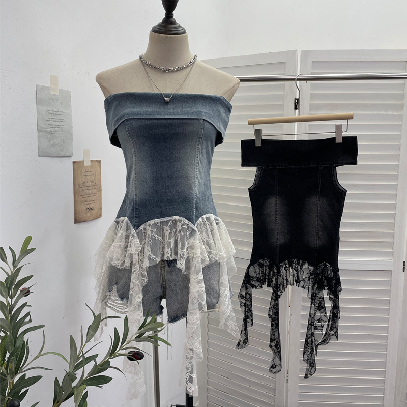 Sexy Asymmetric Denim Crewneck Top