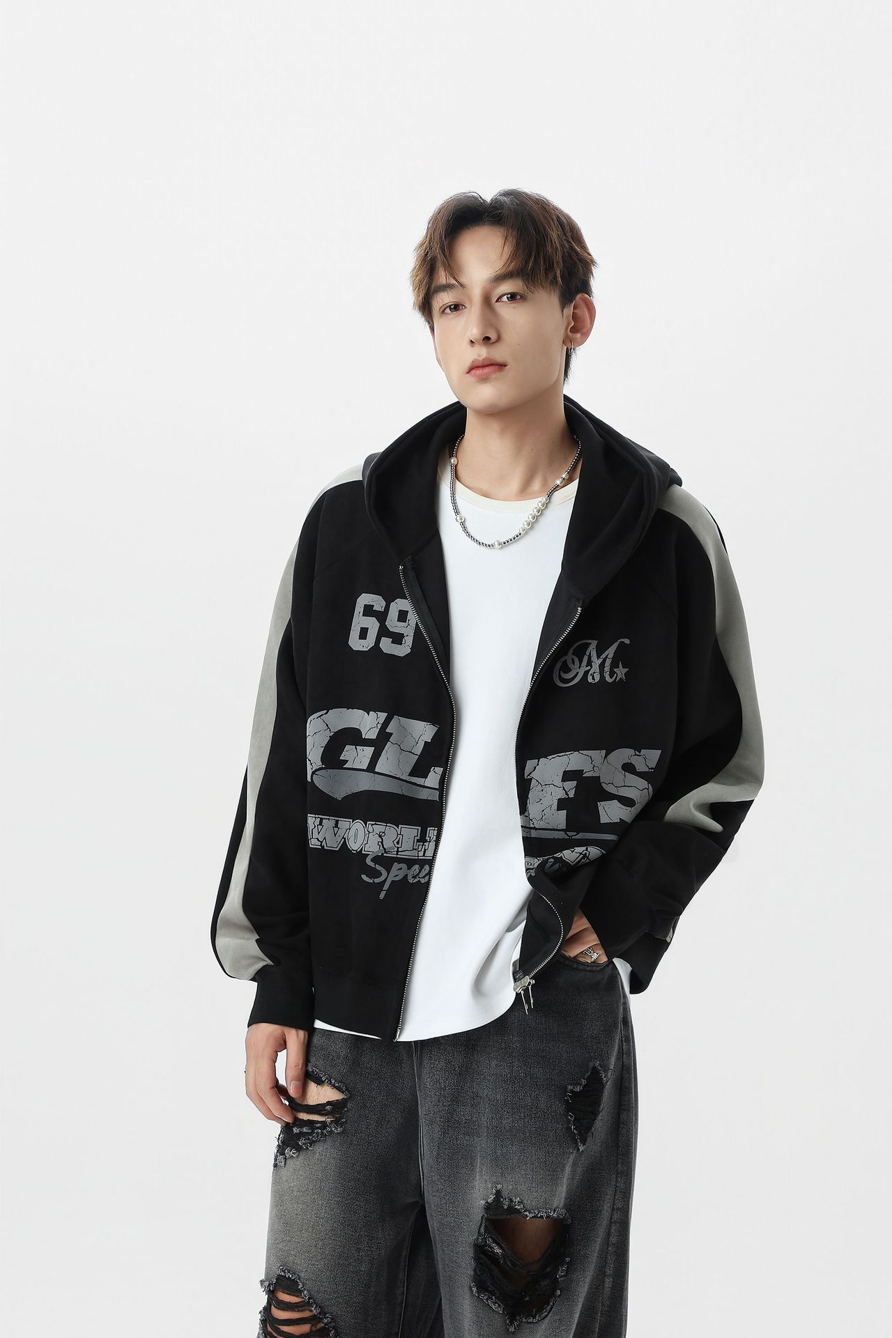 Men Streetwear Long Sleeve Zipper Hoodie
