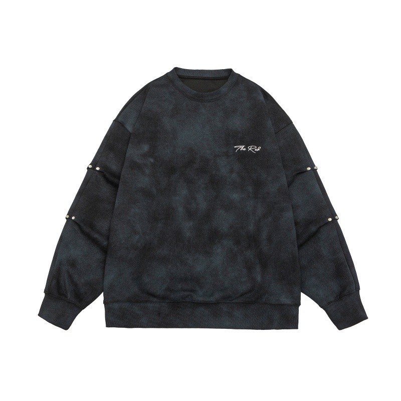 Oversized Long Sleeve Washed Letter Print Studded Hoodie