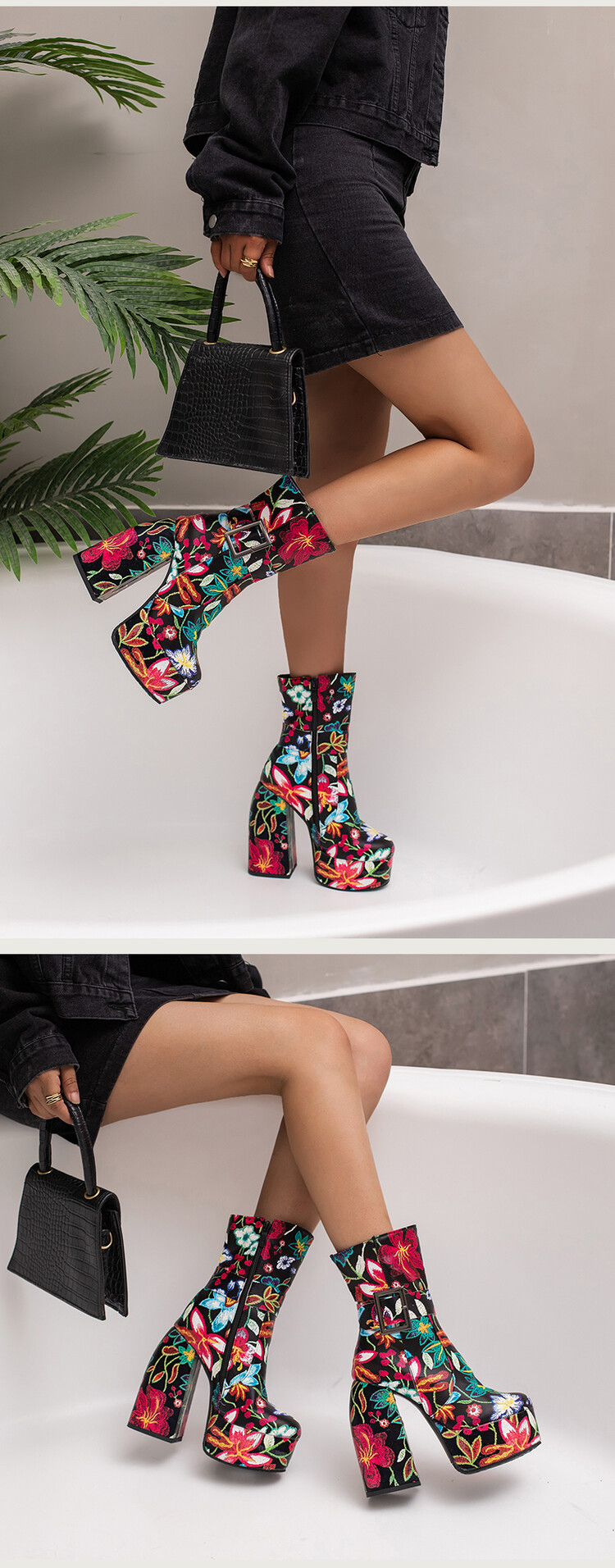 Women's Winter New Fashion Embroidery Pattern Thickened High-heeled Thick-bottomed Round Toe Side Zipper Ankle Boots