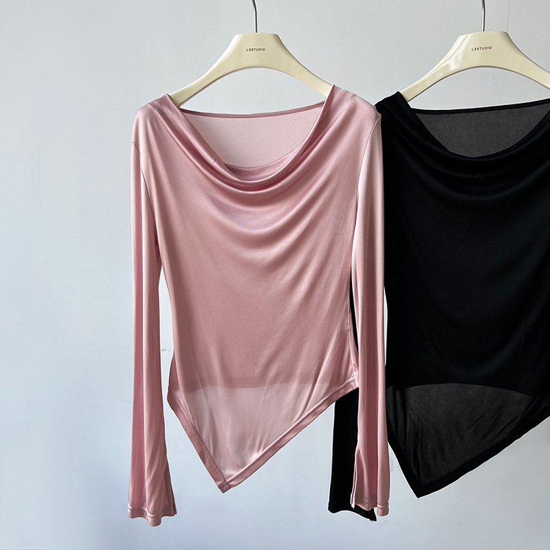 Women Slim Solid Cowl Neck Elongated Sleeve Tee