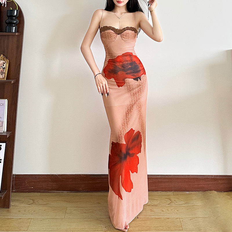 Sleeveless backless slimming color blocked lace camisole long skirt for women