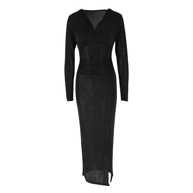 Plain Full Sleeve Pointed Streetwear Midi Dress
