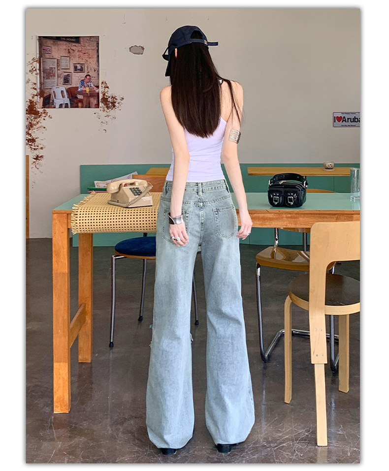 Light Blue Distressed Wide-Leg Jeans Women Retro Design Loose Straight Pants High Street