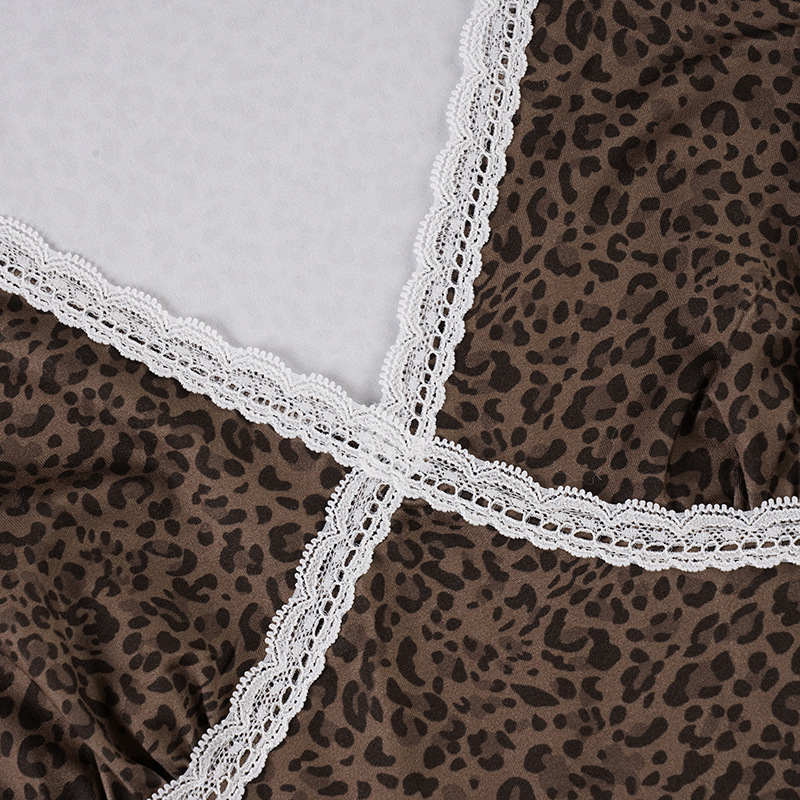 Vintage Leopard Lace Trim V-Neck Short Sleeve T-Shirt Elegant Close-Fit Crop Top