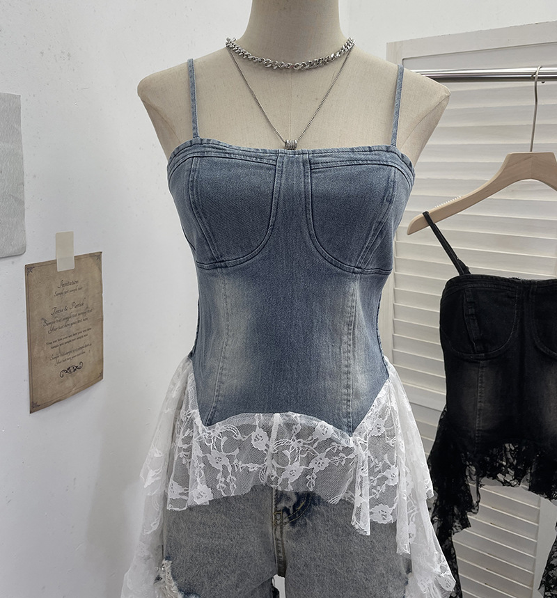 Slim Asymmetric Faded Jean Lacy Panel Fringed Bandeau