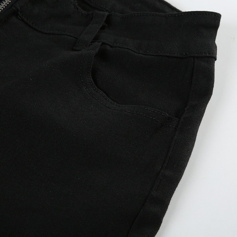 Retro trendy solid color horn low waist zipper denim pants