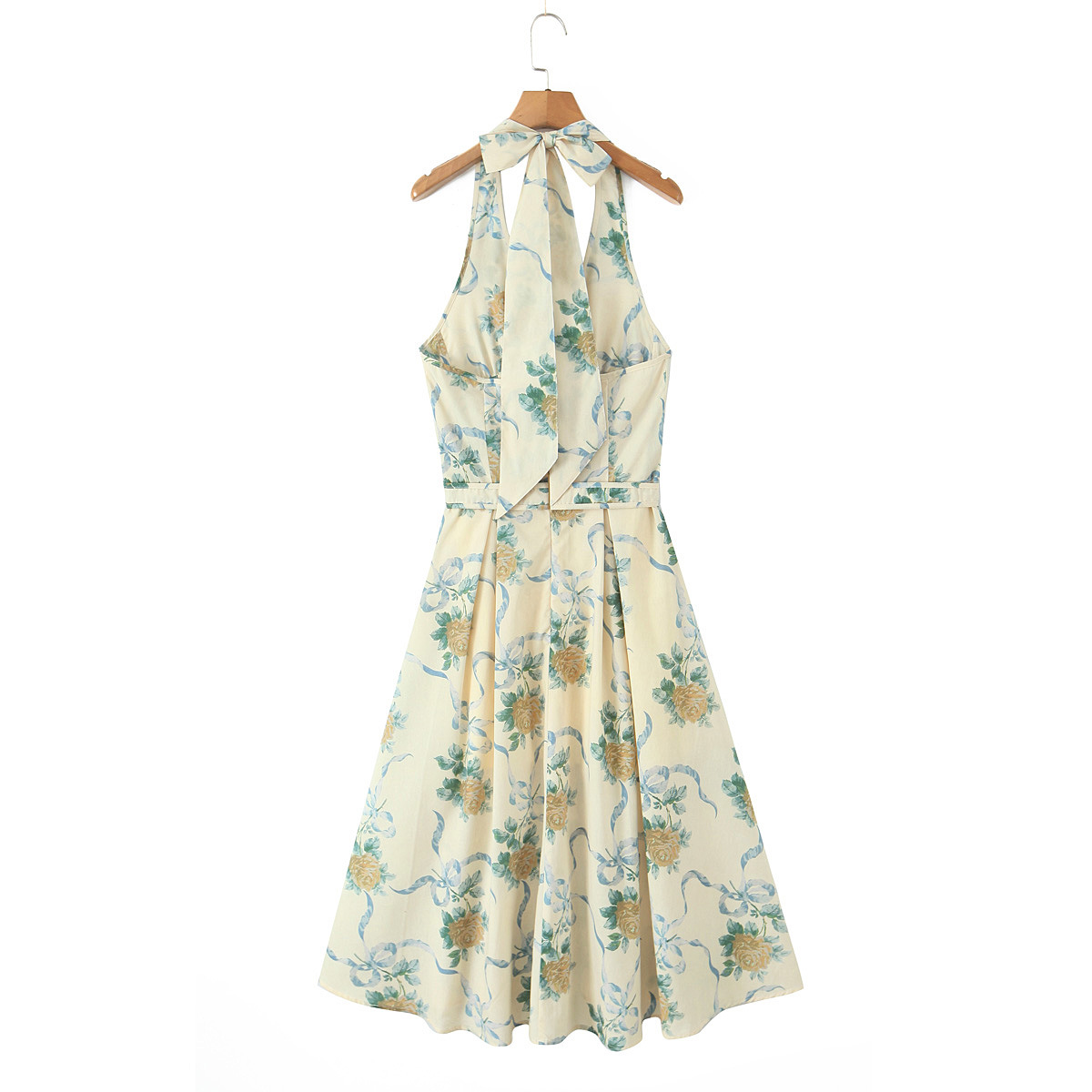 Cotton Print Ribbon Front Halter Maxi Dress