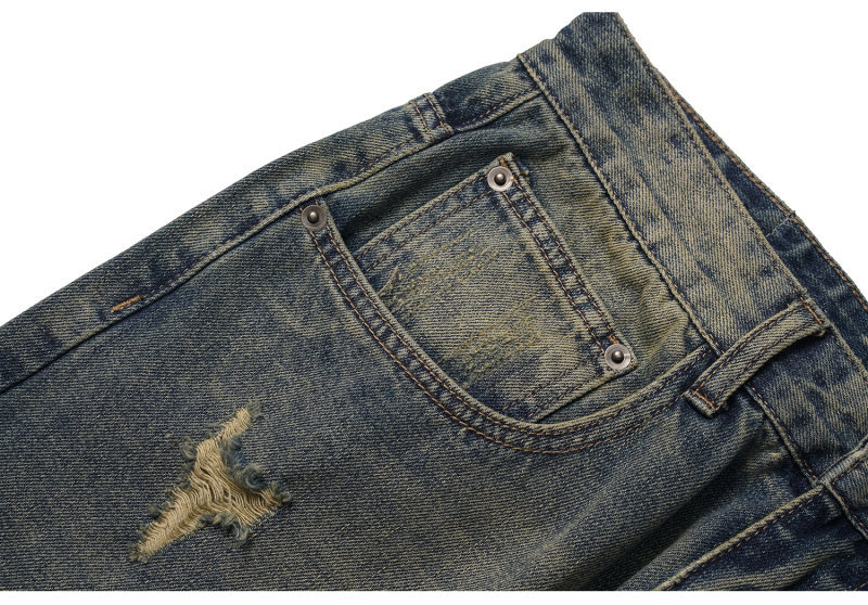 Washed Distressed Yellow Mud Dye Ripped Loose Jeans