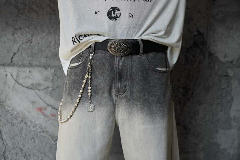 Streetwear Hip-Hop Style Gradient Color Wide-Leg Denim Pants Straight Leg Design Retro Knife-Edge Floor-Length Trousers