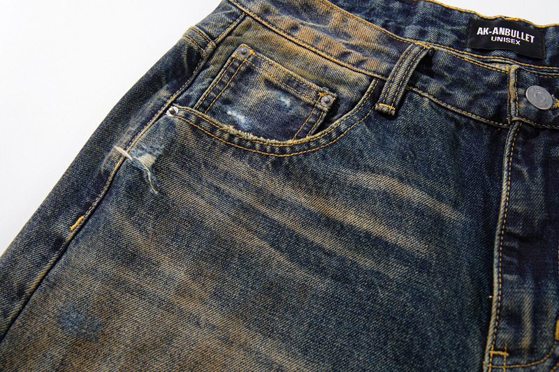 Vintage Washed Ripped Street Style Dagger Cut Denim Pants, Unisex Loose Clean Fit Wide Leg Floor-Length Trousers