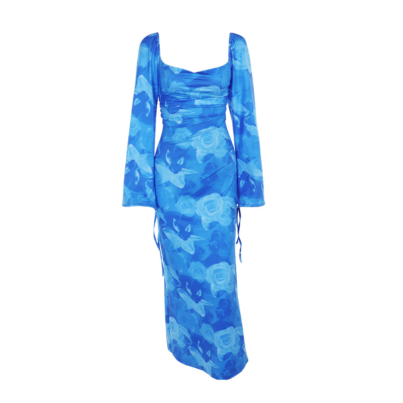 Bell-Sleeved Patterned Open Back Tie Dress