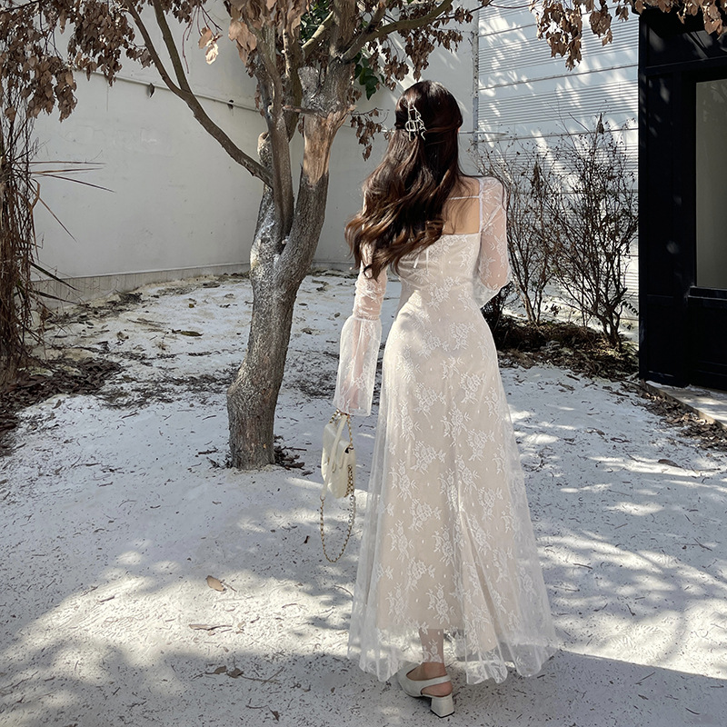 Square Neck Long Sleeve Polyester Maxi Dress