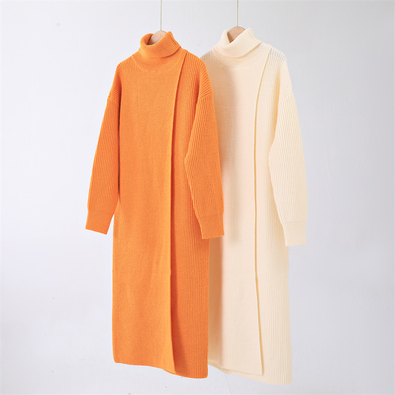 Full Sleeve Standing Collar Slit Pullover Dress